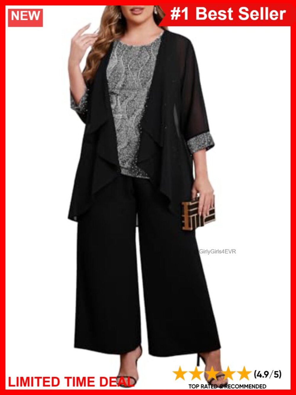 Plus Size 3 Piece Formal Pant Suit Sparkly Chiffon Jacket Wide Leg Pants Set